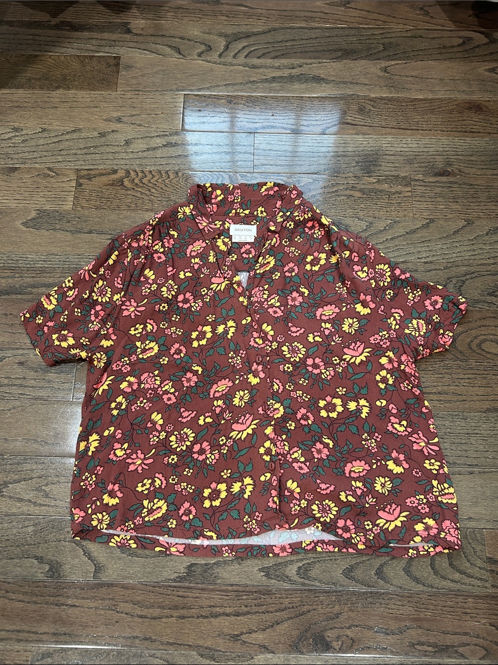 Brixton Rust Floral Short-Sleeve Button-Down Shirt with Yellow & Pink Blooms